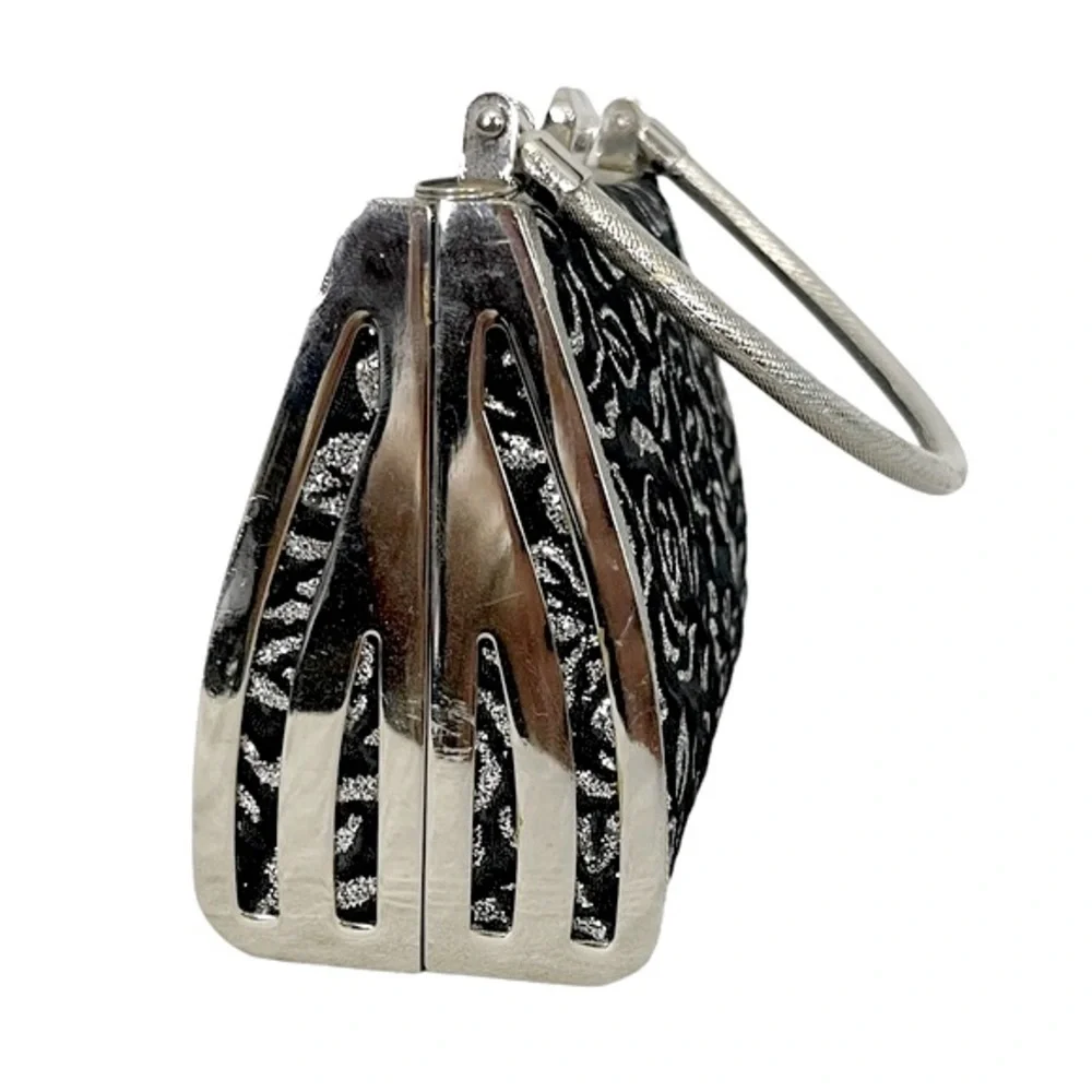 Y2K Ornate Silver Butterfly & Glitter Rose Fabric Clasp Top Mini Hard Bag - Picture 4 of 6